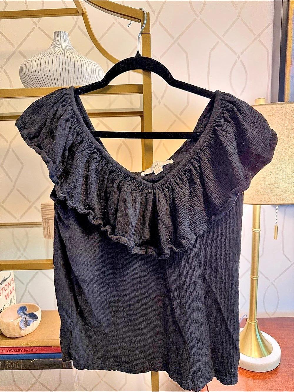 LOFT Black Ruffled Neck Blouse